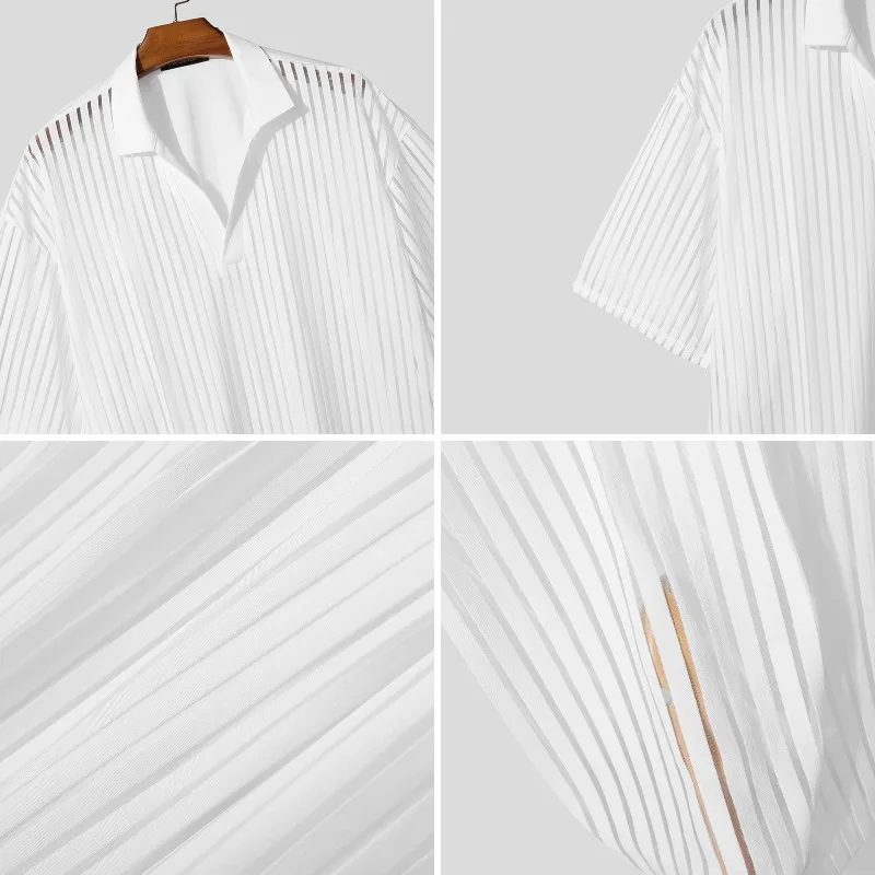 INCERUN Men's Sets Striped Mesh See Through Lapel Short Sleeve Shirt Pants Two Piece Sets Streetwear Fashion Men Matching Sets - view 6