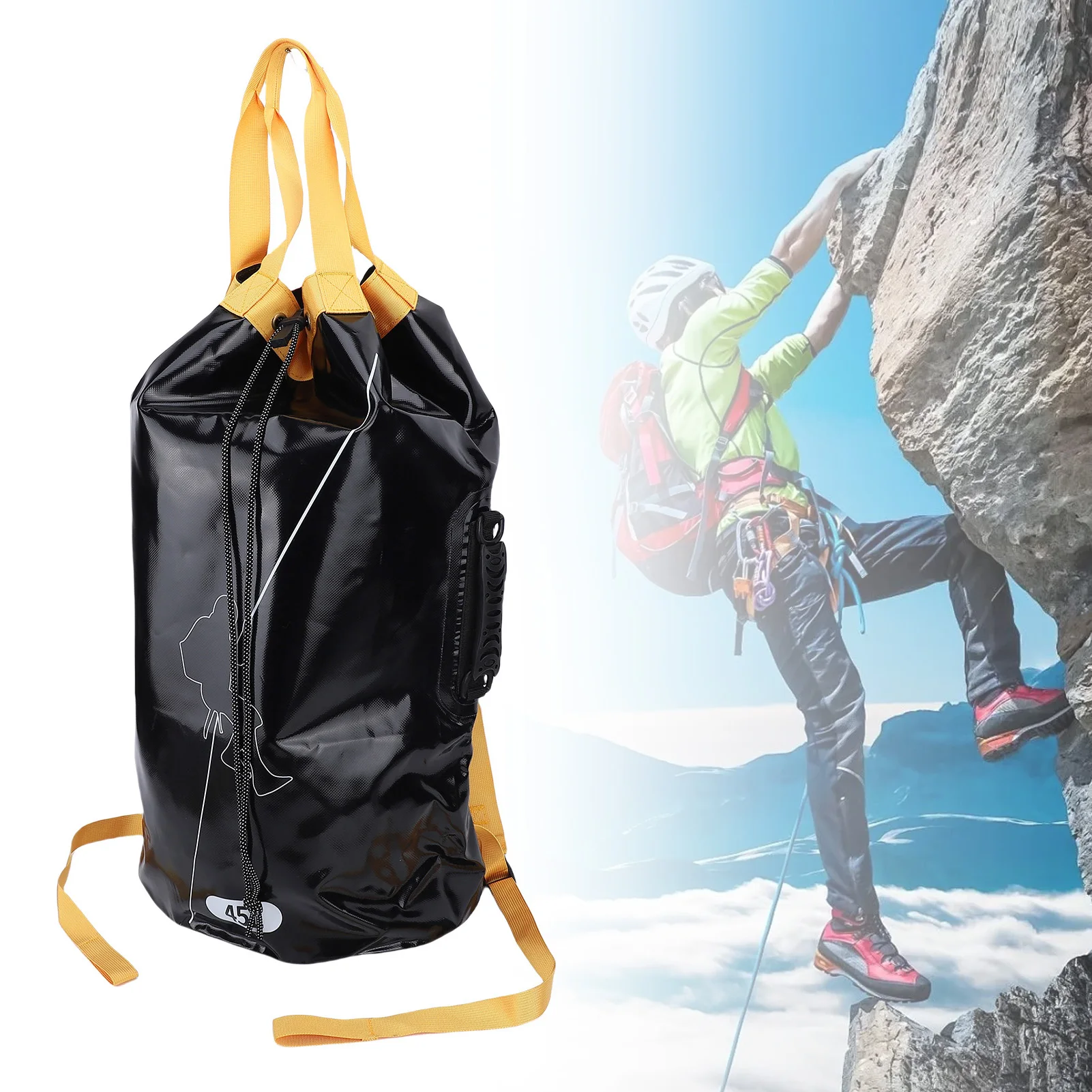 Black Climbing Rope Bag Wide Opening Drawstring Closure Caving Rope Bag Water Resistant Shoulder Straps Rescue Rope Backpack
