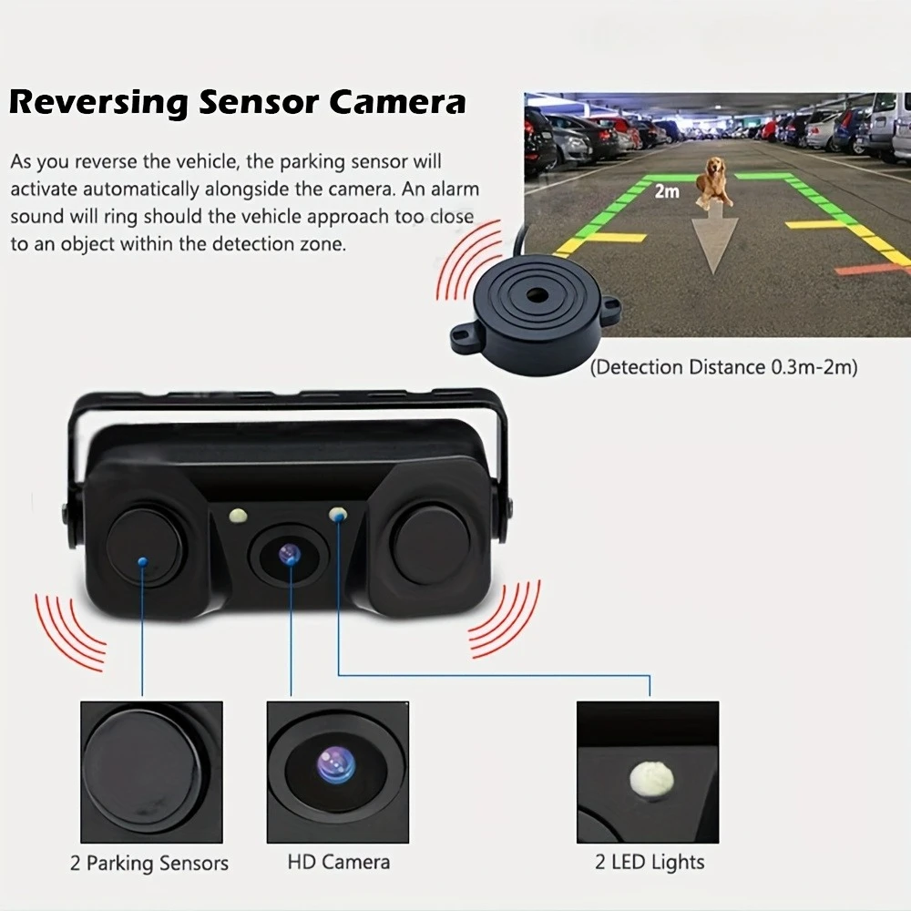 3-in-1 Parking Sensor Camera with LED Night Vision, Reverse Image Display & Alarm Function - Fit for Cars, Trucks, RVs