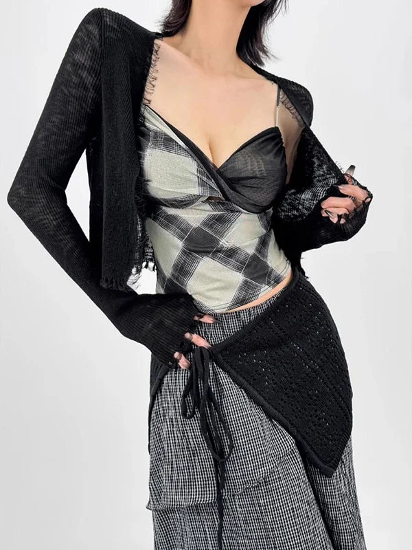 

Ice Silk Knitted Open Cardigan Women's Summer Matching Halter Skirt Outer Small Shawl Hollow Thin Cover up Commute Style