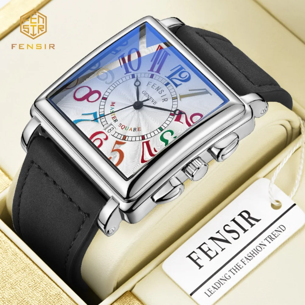 Luxurious Retro Men's Square Wristwatch, Classic Design Style, Colorful Digital Dial, High-Quality Leather Strap, Waterproof Quartz Watch, Suitable for Men's Daily Wear, Business Occasions, and Parties, High-End Classic Model, Hot-Selling