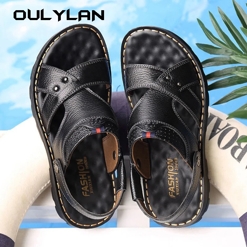 Men\'s Genuine Leather Sandals Summer Mens Casual Beach Shoes Roman Outdoor Thickened Soles Anti slip Slippers Plus Size 38-45