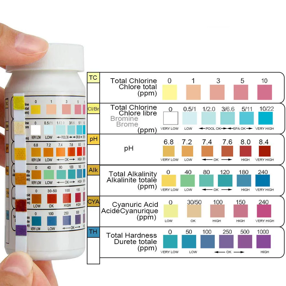 50 Pcs/Bottle 6 In 1 Multipurpose Chlorine PH Test Strips SPA Swimming Pool Water Tester Paper
