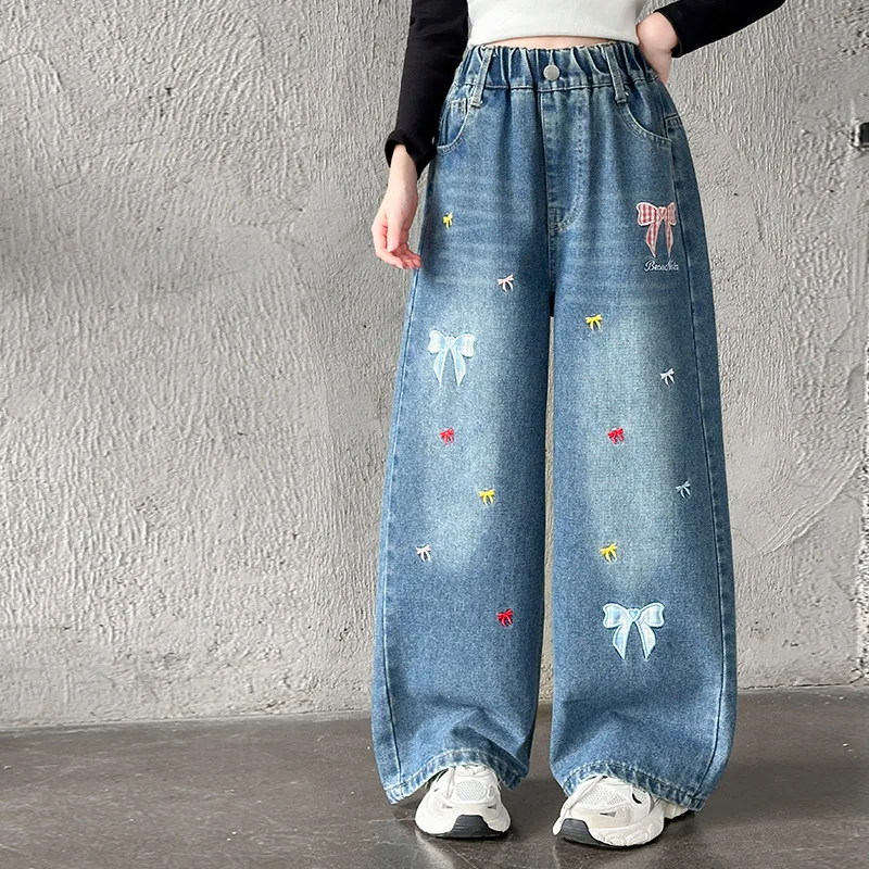 Trendy Street Style Wide Leg Jeans for Girls with Bow Print Children's Fashion Denim Pants Autumn Collection for Ages 4-14