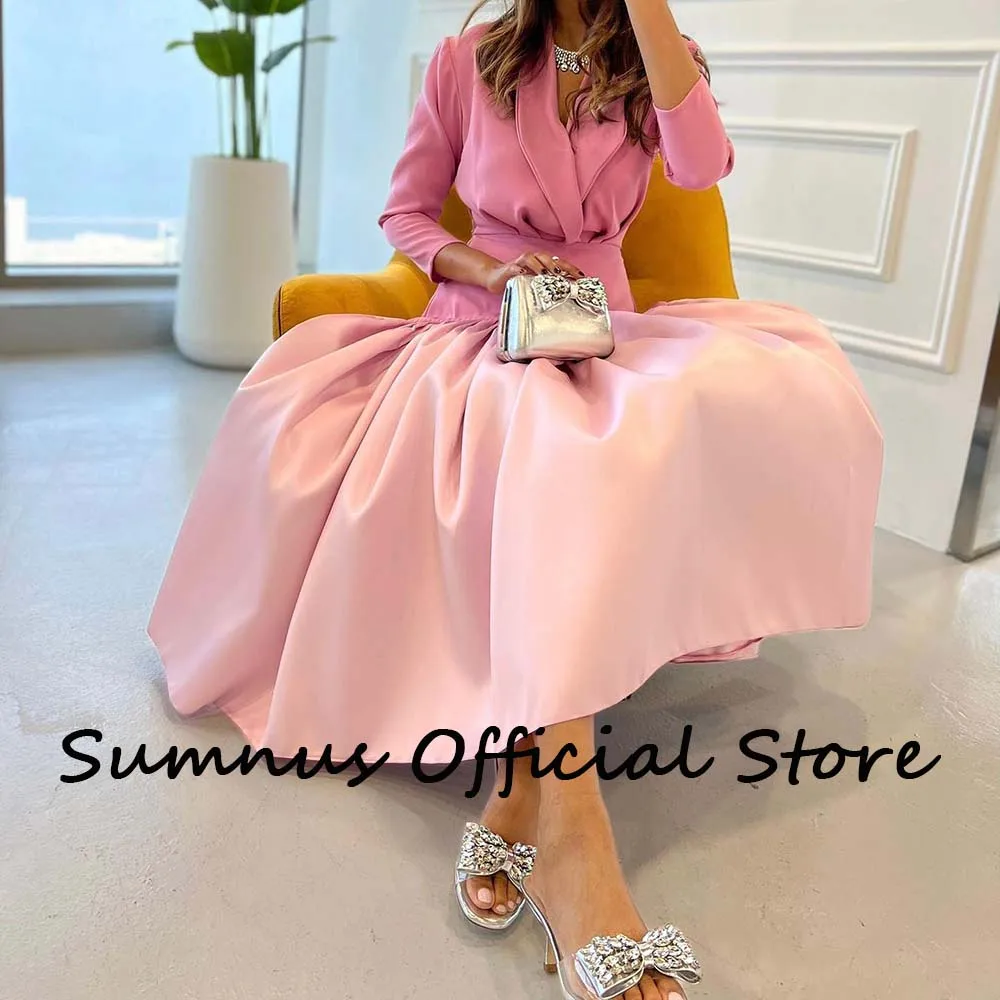 Sumnus Pink Long Sleeve A Line Saudi Arabia Evening Dresses Draped Satin Elegant Midi Women Formal Gowns Dubai Prom Party Dress