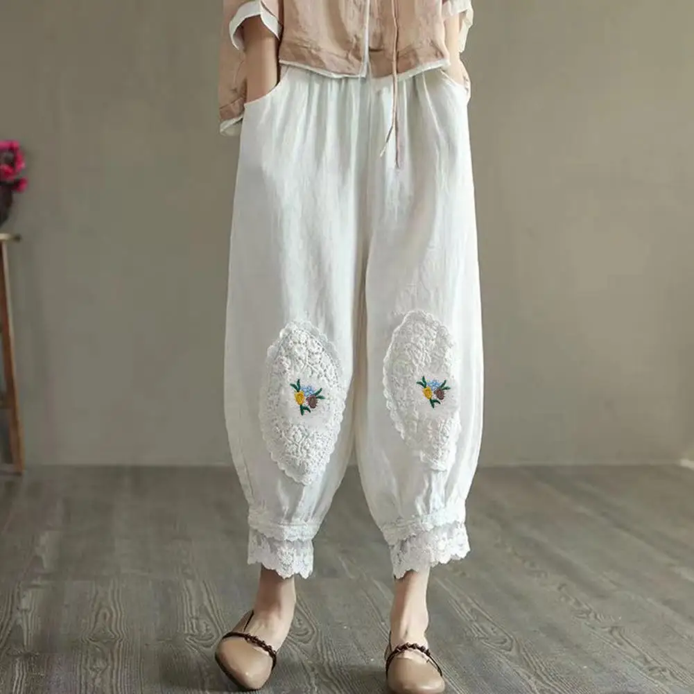 

Women Cotton Linen Pants Elastic Waist Pocket Lace Patchwork Flower Embroidery Solid Color Lantern Cropped Pants Female Clothes