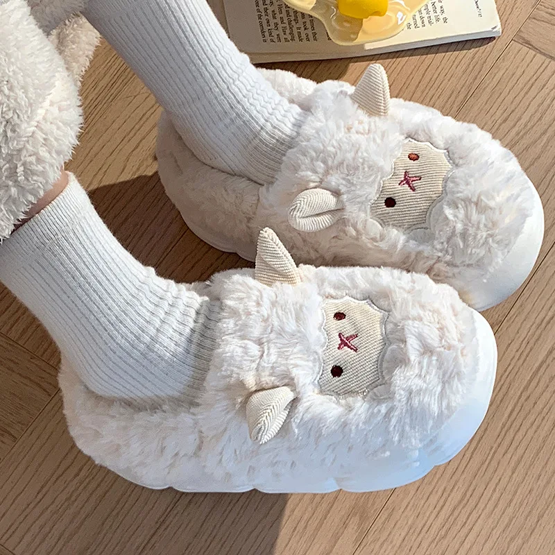 Lovely Cartoon Sheep Women Indoor Fluffy Slippers Men Animal Type Non-slip Soft Plush Slides Lovers Warm House Shoes For Winter