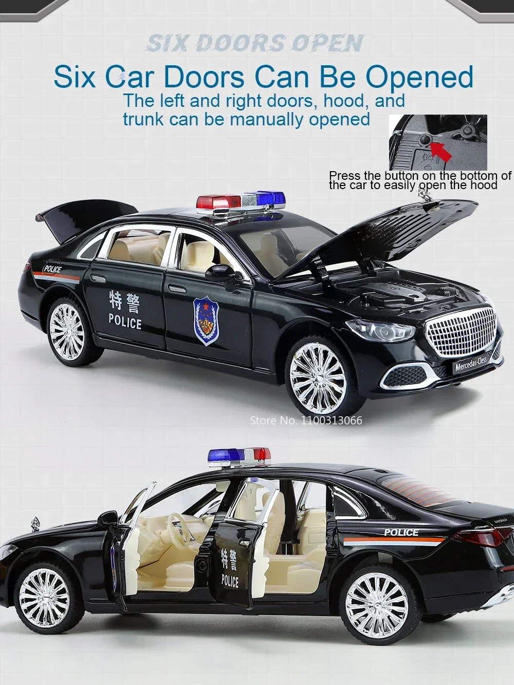 Maybach S680 Modellspielzeug im Maßstab 1:24, Polizeiauto, Legierung, Druckguss, SWAT-Sound, Licht, 6 Türen geöffnet, zurückziehbar, Weihnachtsgeschenk für Kinder