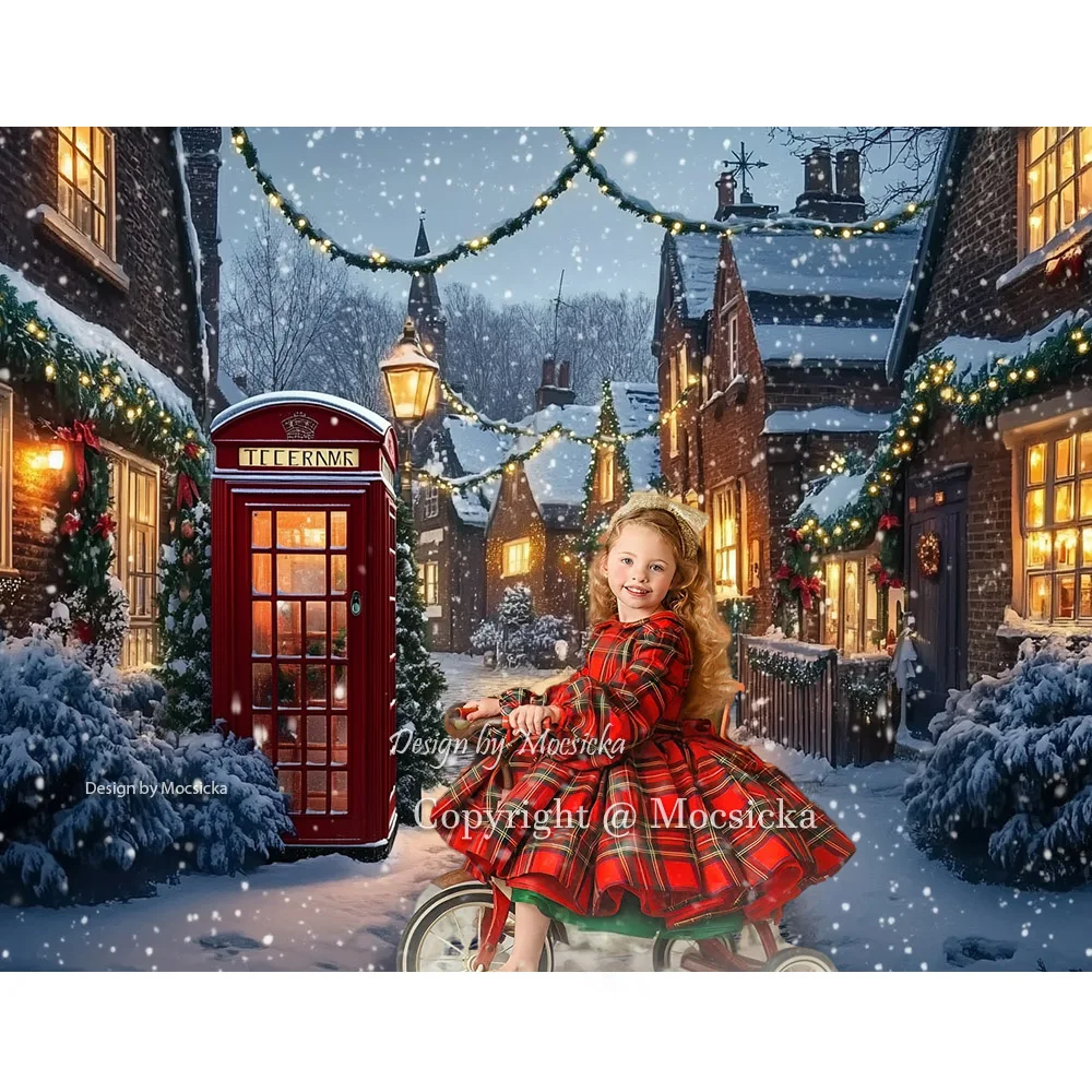 Mocsicka Christmas Corner Street Background Photography Red Phone Booth Street Lamp Snowy Backdrop Kids Winter Xmas Night Photo