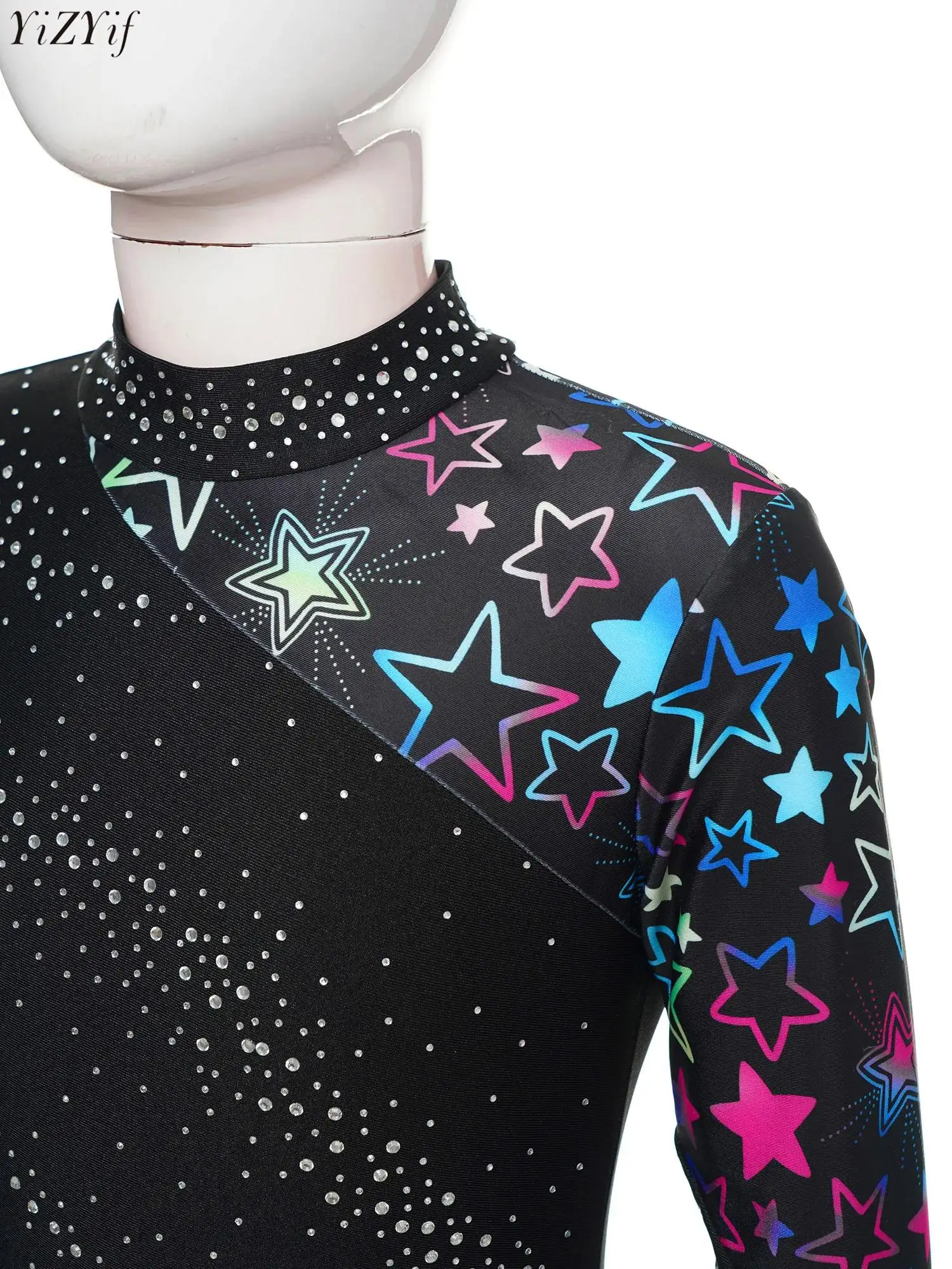 

Kids Girls Acrobatics Gymnastics Jumpsuit Ballet Dance Bodysuit Color Block Gradient Rhinestones Mock Neck Long Sleeve Bodysuit