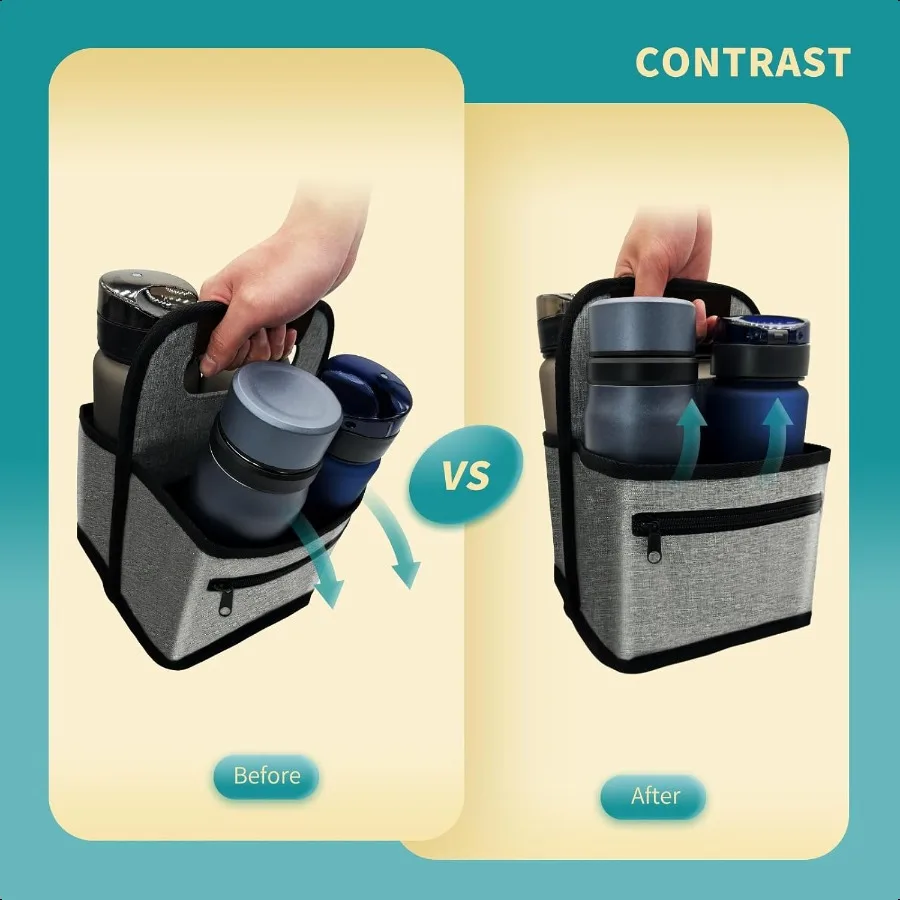 Porta-copos de café ou latas reutilizáveis, suporte para copos, alça, sacola, suporte para bebidas com 2 bolsos organizadores para bebidas quentes e frias