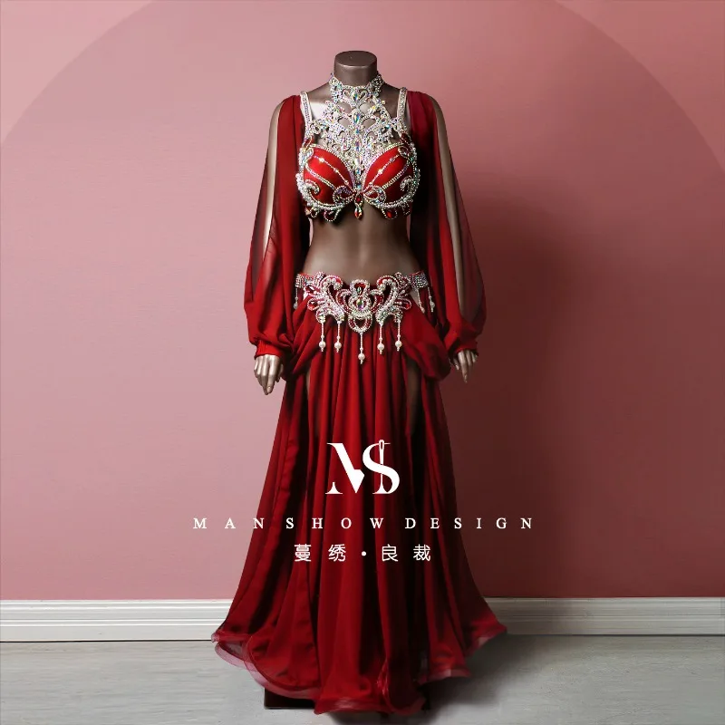 

customized belly dance performance costume chest covering necklace long sleeved burgundy waist seal long skirt opening dance set