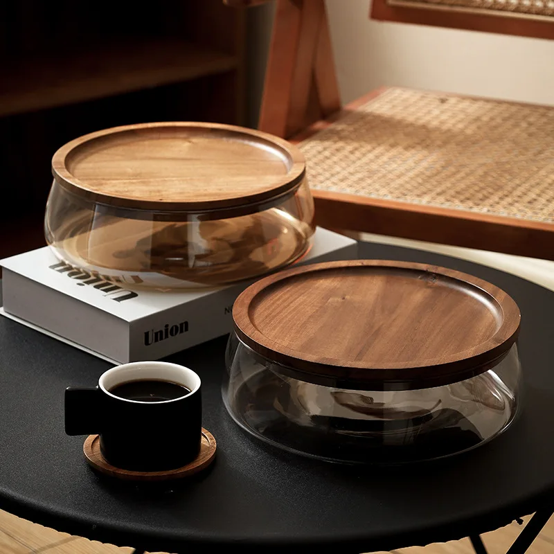 

Glass Food Storage Fruit Tray with Wooden Cover Nut Candy Fruit Organizer for Coffee Table Dry Fruit Bowl Kitchen Storage