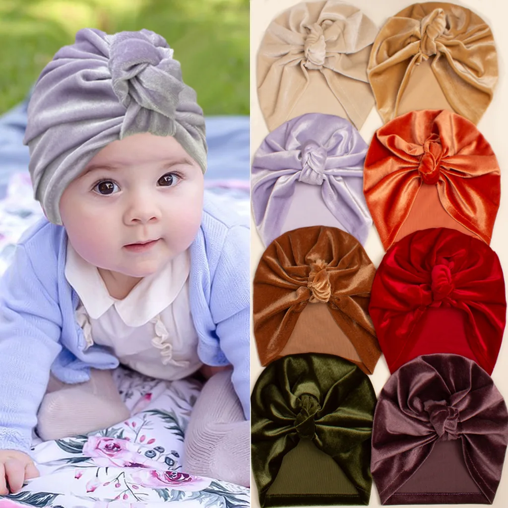 Autumn and Winter New Baby Gold Velvet Knot Hat Baby Winter Warm and Comfortable Pullover Hat Newborn 0-2Years Fetal Hat