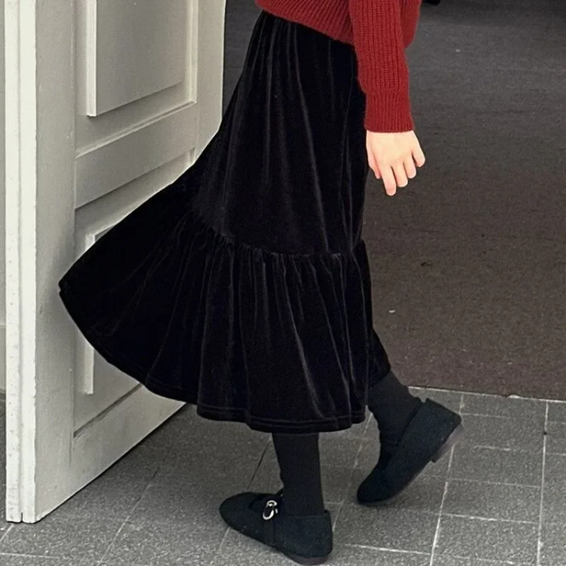 Girl's Velvet Mermaid Skirt for Winter Autumn Kids Length Fleece Lined Thickened Princess Dress Quality Warmth Stylish Design