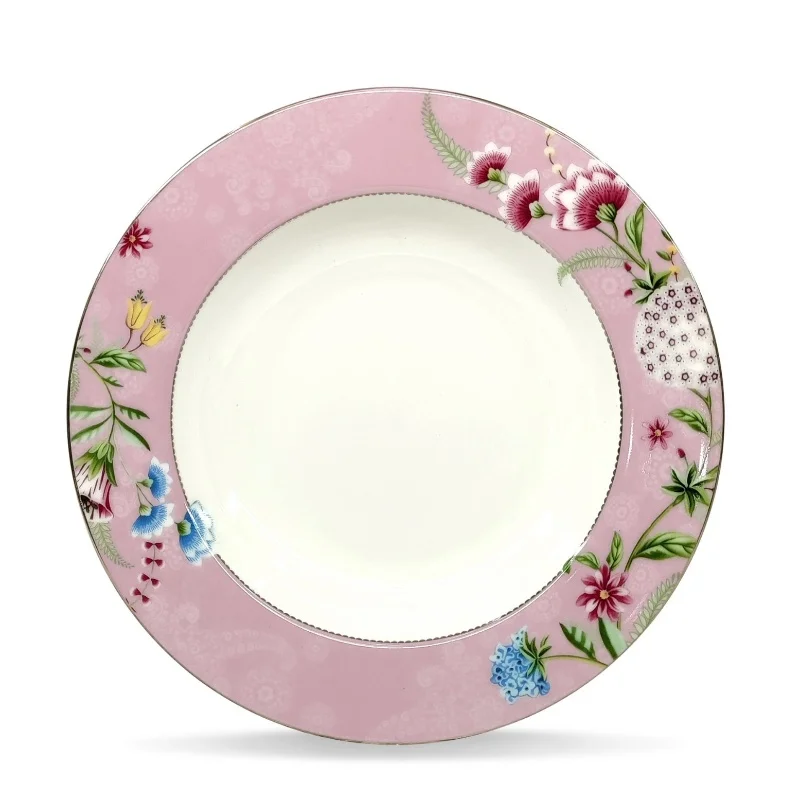 

European Countryside Secret Garden Series Premium Bone China Dinnerware Set 8-Inch Floral Dessert Plate 8.5-Inch Soup Plate