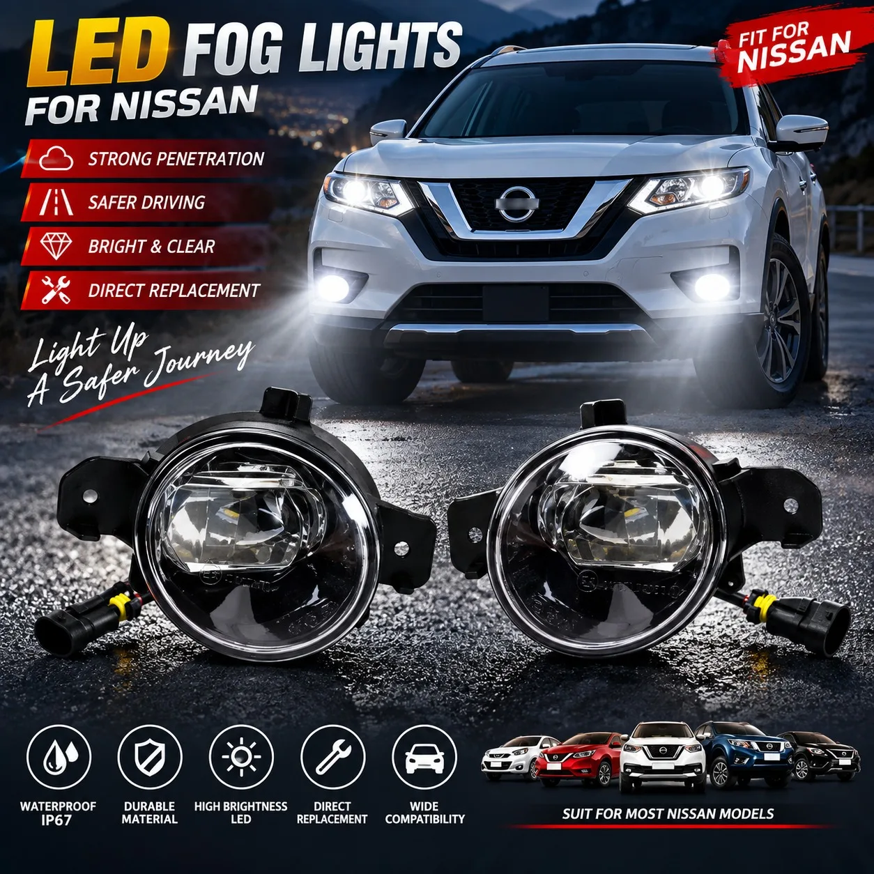 NS034-LED LED Fog Light For Nissan Teana X-Trail Sunny Livina Front Bumper Lens Lamp Daytime Running