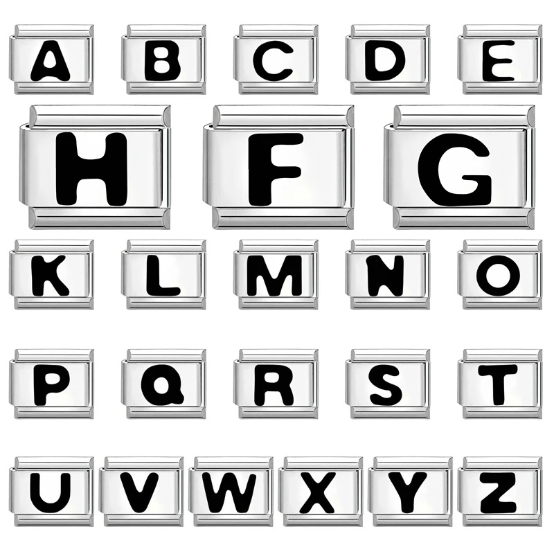 Moda 26 letras de A-Z en inglés, eslabones de dijes italianos aptos para pulsera de acero inoxidable de 9mm para hombres y mujeres, regalos de joyería DIY
