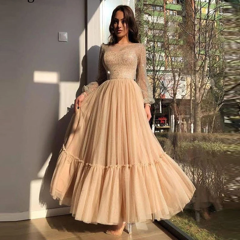 

Champagne Women's Tulle Evening Dresses Long Sleeve A-Line Princess Fashion Celebrity Formal Prom Party Gowns Vestidos De Noche