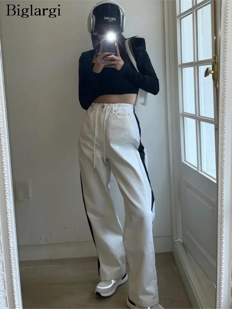 

High Waist Summer Denim Striped Patchwork Long Pant Women Loose Pleated Korean Style Ladies Trousers Fashion Casual Woman Pants