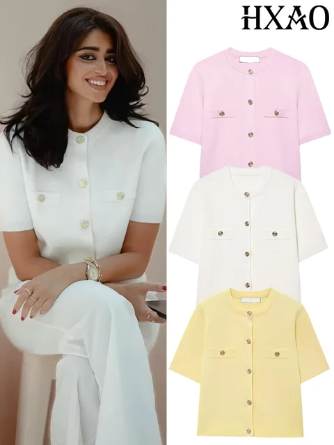 HXAO Cardigan Woman Knitwear Button Ladies Short Sleeve Knit Bolero Women's Tricot Top Summer Outerwear Crop Cardigan Top Female