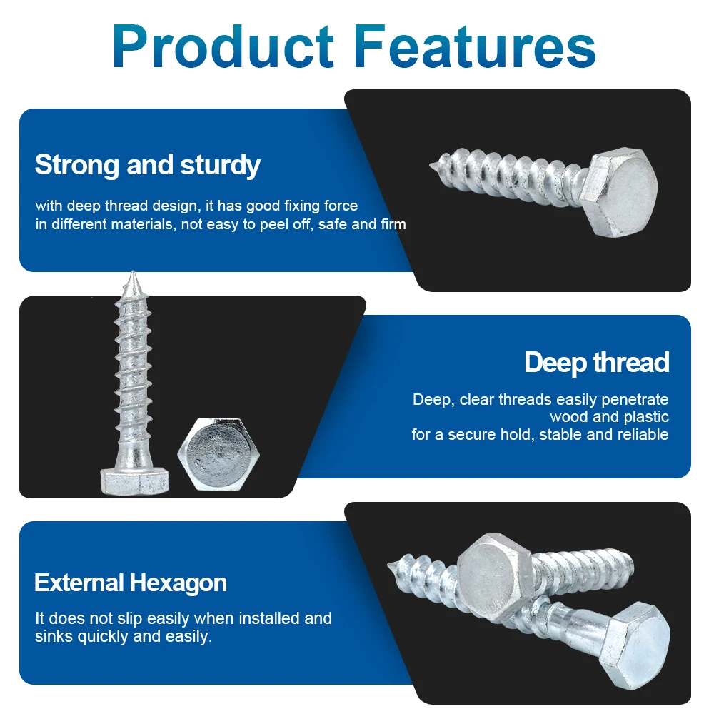 NINDEJIN 1-5pcs Hex Head Lag Wood Screw Bolt M6 M8 M10 M12 Stainless Steel Zinc Plated External Hexagon Head Self Tapping Screw
