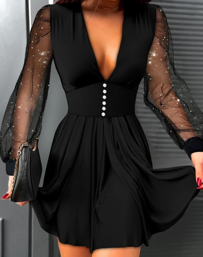 

Sexy Women's Dress Deep V Neck Glitter Plunge Long Sleeve Sheer Mesh Patch Dress Ruched A Line Button Front Casual Mini Dress