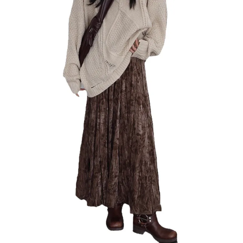 レトロヴィンテージ中国風エンボス加工ベルベット傘スカート女性用秋冬伸縮性ハイウエストロングマキシスカート