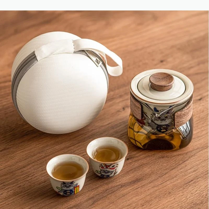 Portable Travel Tea Set Patterned Teapot Teas One Pot Two Cups Outdoors Teas Making Pot Set Teaware