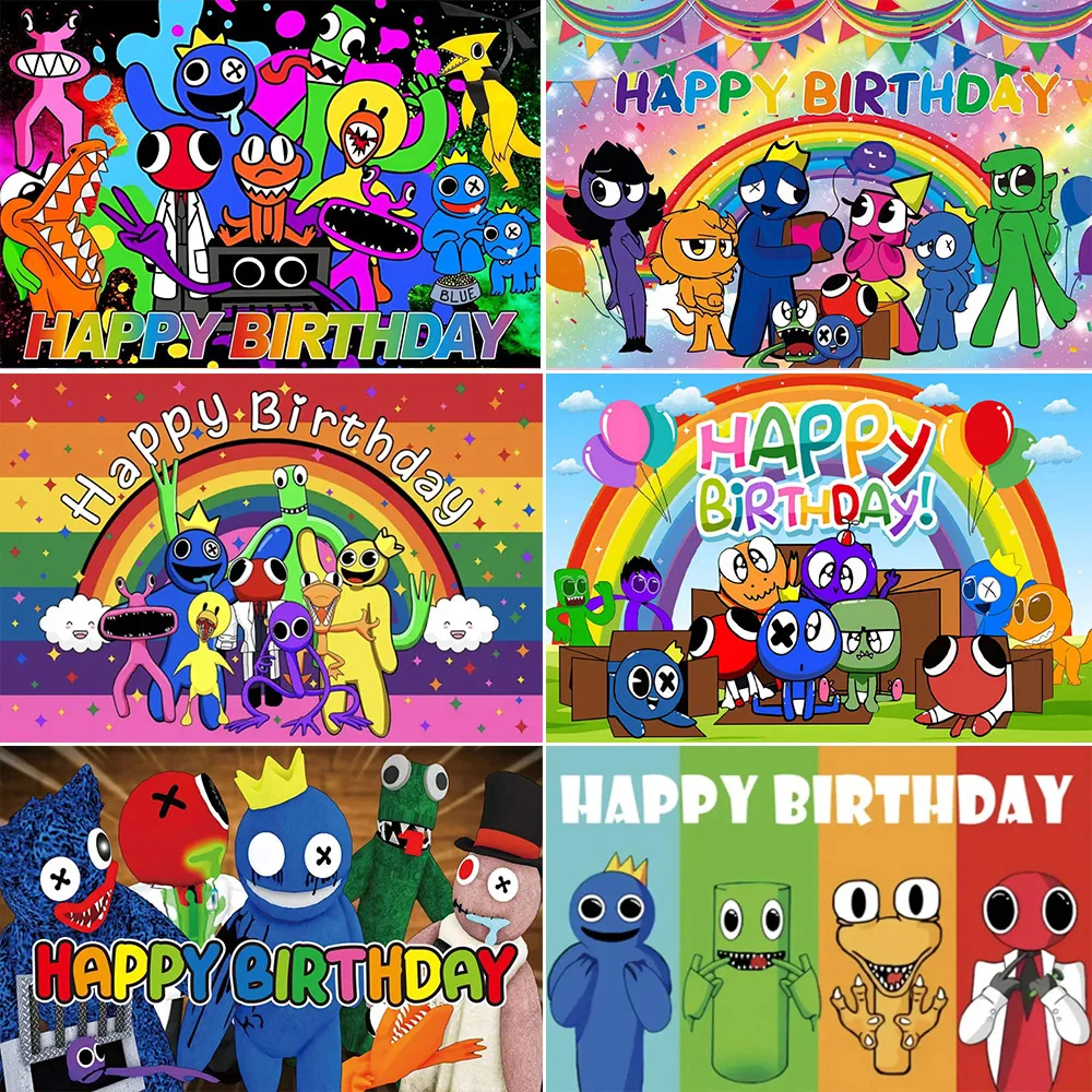 

Cartoon Rainbow Friends Theme Baby Shower Kids Birthday Party Decoration Vinyl Background Photography Polyester Photo Booth Prop