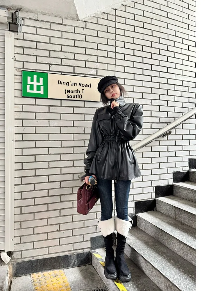 Cool Sle Thiened Winter Leren Jaet Dames Lange Sve Jas Opstaande Kraag Taille Naar binnen Winddicht Warm Bont Binnenkant