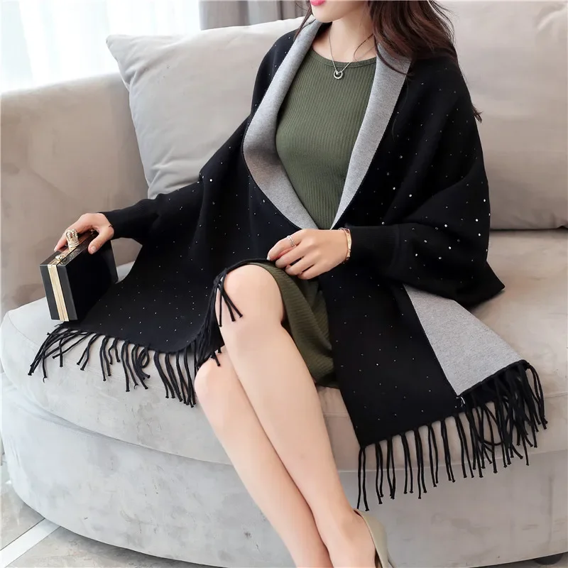 

Black Grey Winter Cloak Beading Diamond Knitted Cardigan Poncho Women Autumn Female Long Sleeves Cape Outside Shinny Knitwear