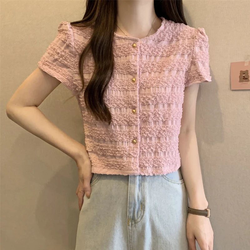 Rimocy Summer Short Sleeve Jacket Women 2024 Chic Round Neck Single Breasted T Shirts Woman Solid Color Simple Cropped Coats