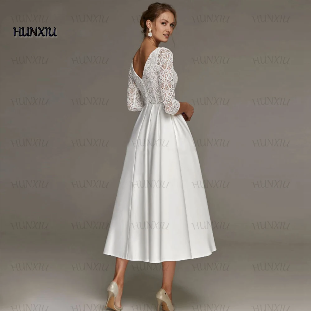 HUNXIU Civil Lace Satin Mid-Calf Wedding Dresses V-Neck Three Quarter Bridal Register Dress A-Line High Quality Custom Gowns