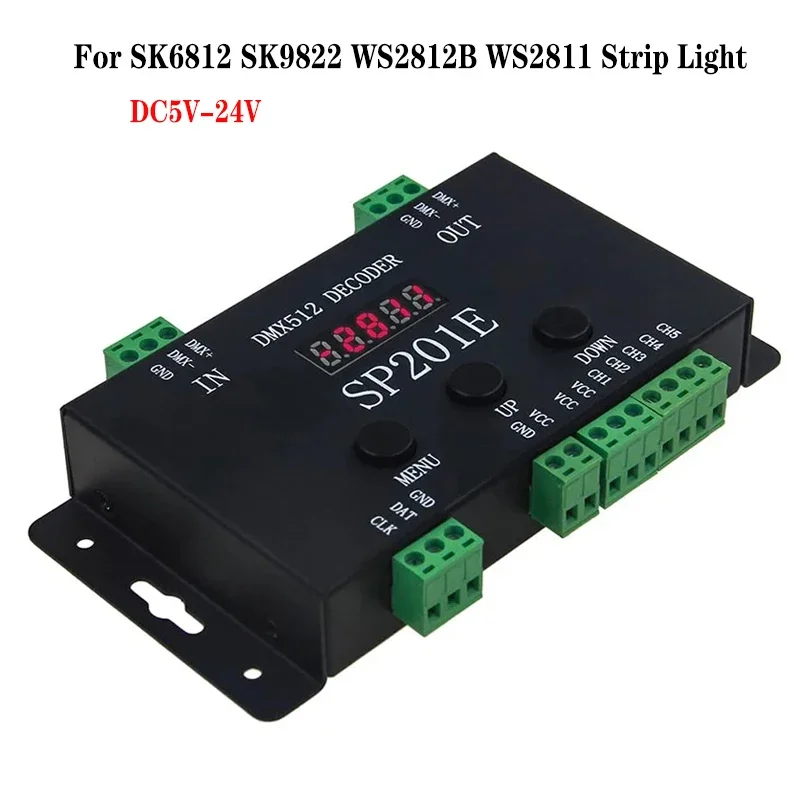 

SP201E DMX to SPI Controller Decoder Work with WS2811/WS2812B/SK6812 DMX512 LED decoder controller DC5-24V