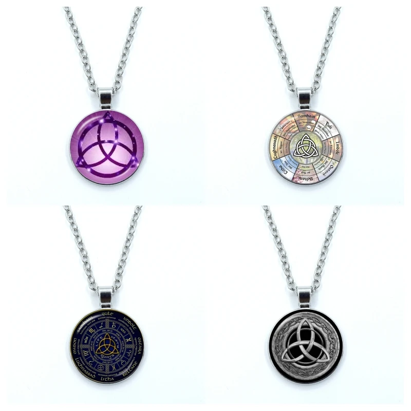 Witch Knot Pagan Wheel of The Year Necklace Pentagram Protection Star Amulets Glass Dome Necklaces Lucky Charms Jewelry