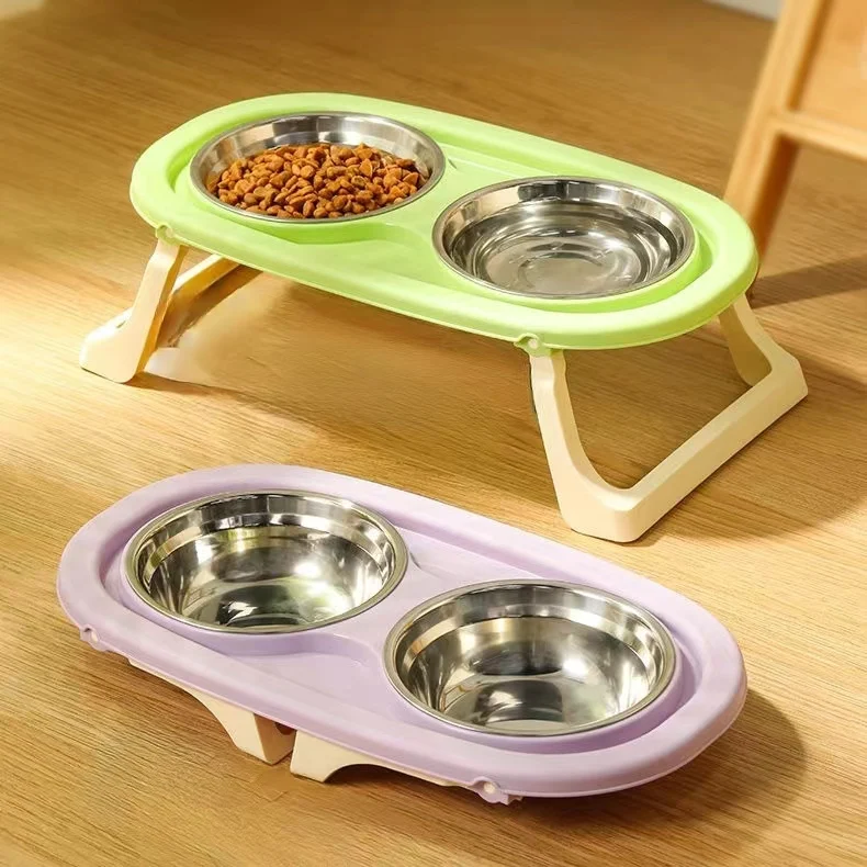 Foldable Cat Bowl Double Pet Bowl Stainless Steel Puppy Dog Feeder Water Food Bowl With Stand Feeding Dish Drinker Pets Supplies