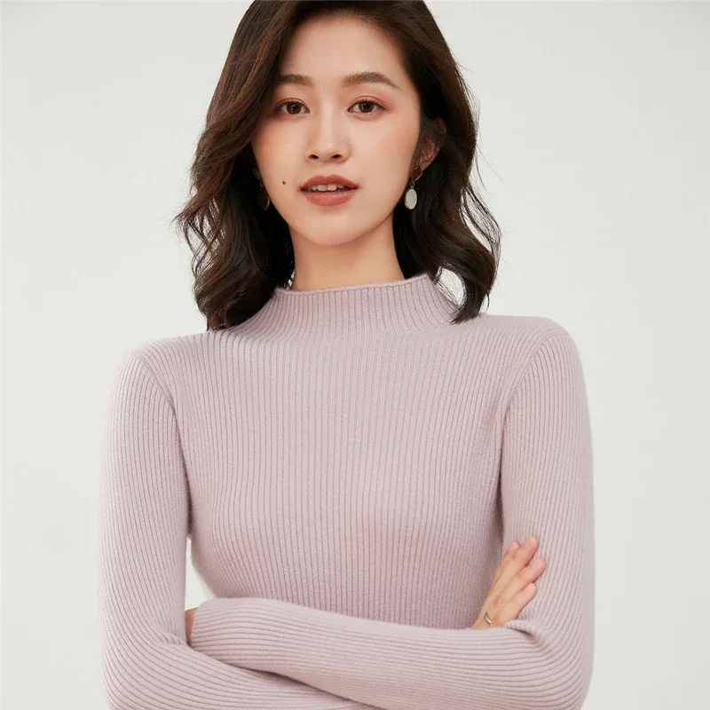 

2024 Women's Spring Autumn New Long Sleeves Slim Knit Tops Female Solid Color Sweater Tops Ladies Semi-high-neck Pullovers V117