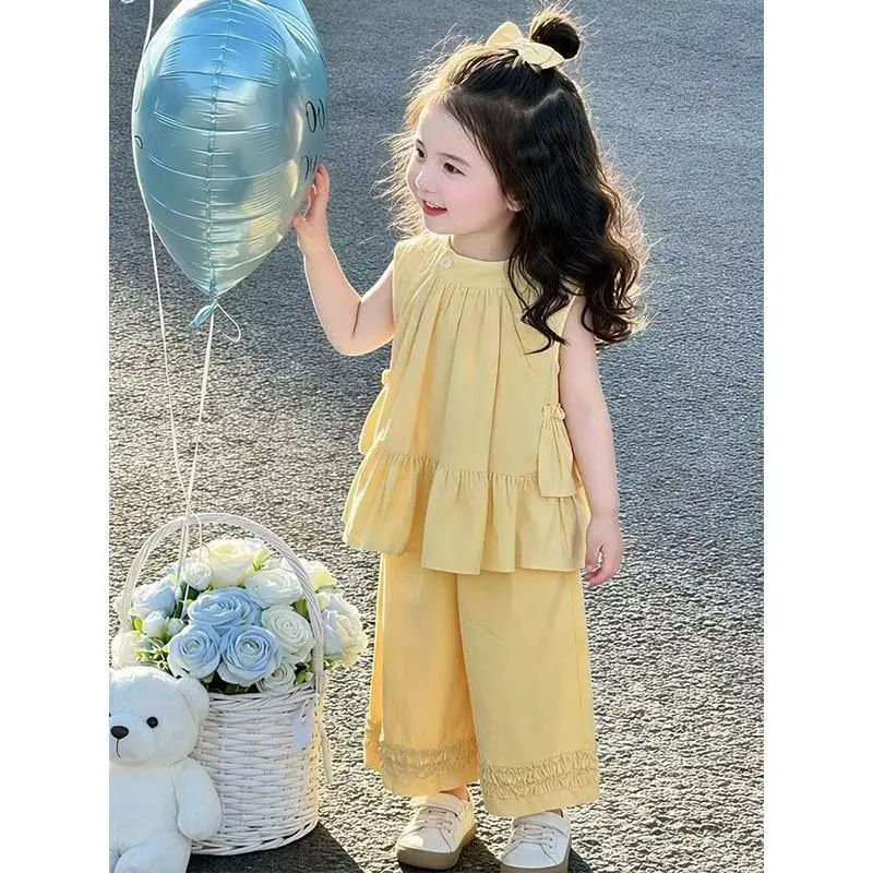 Girls' summer new thin sleeveless top foreign-style little girl vest children's wide-leg pants two-piece set