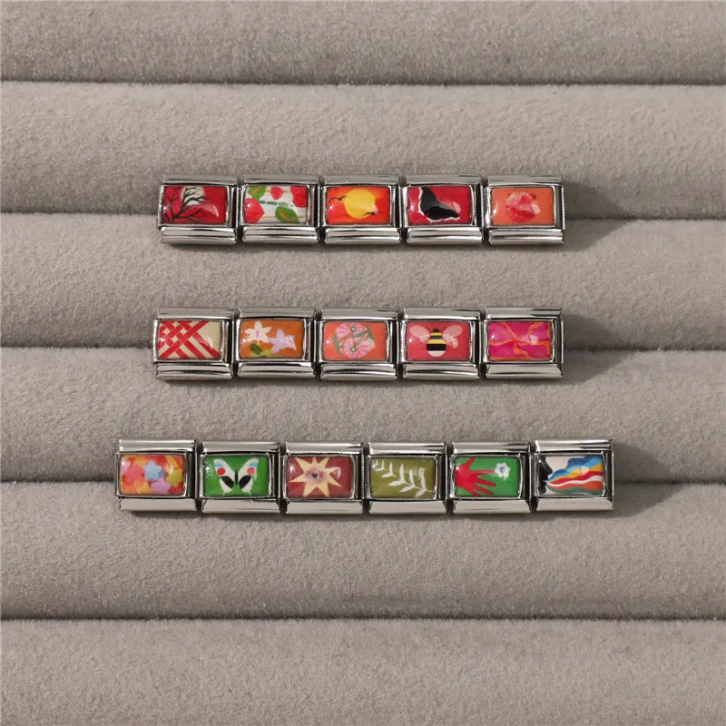 Fashion Personalized DIY Red Orange Italian Charm Bracelet Sunset Butterfly Sun Flower Bead 9mm Bracelet Stainless Steel Jewelry