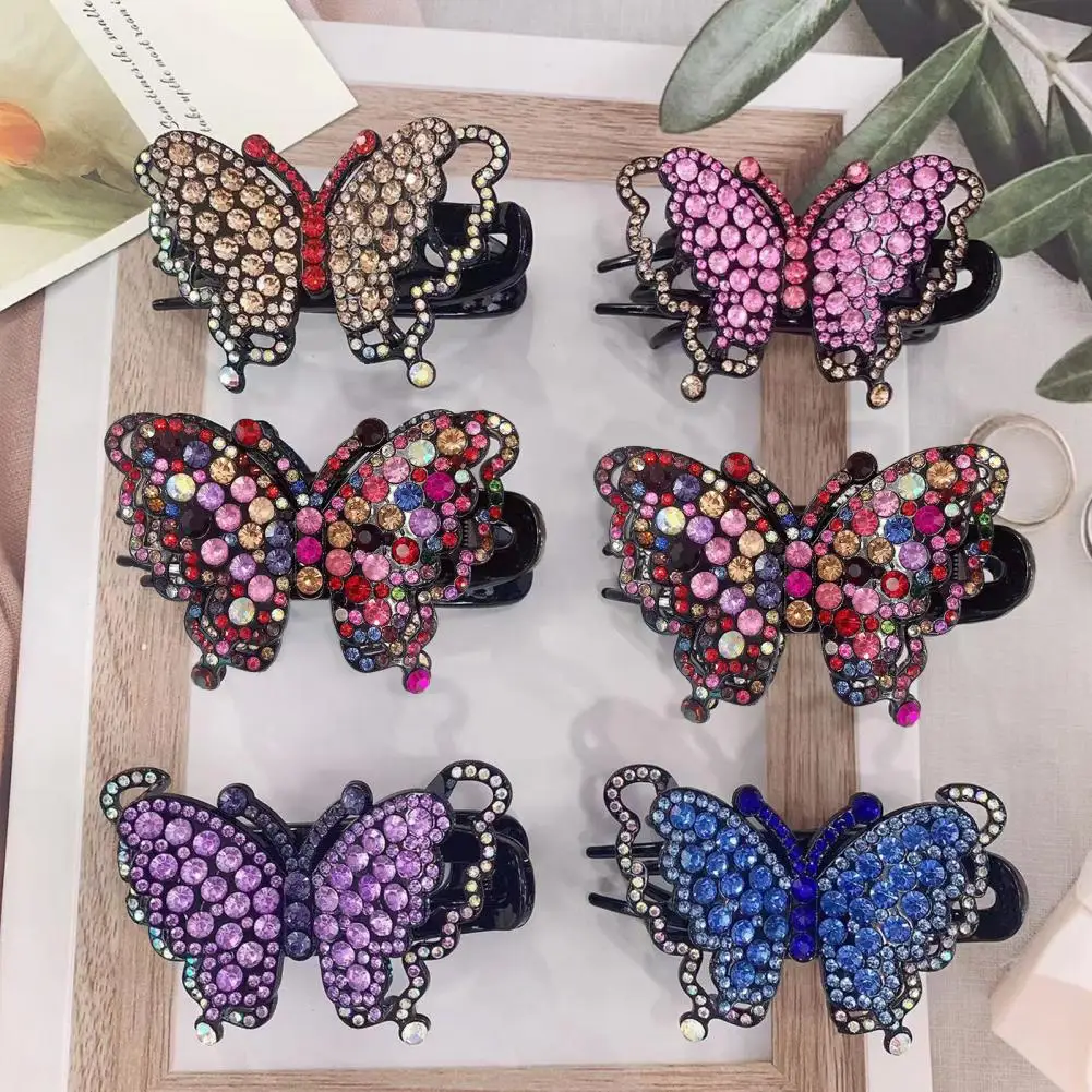 Elegant Hair Claw Butterfly Shape Colorful Rhinestone Strong Claw Anti-slip Anti-break Hair Decor Party Lady Hair Grip Accessori