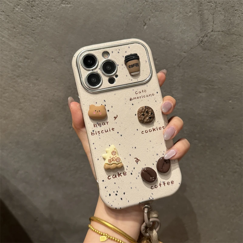 Korean Cute 3D Bear Coffee Phone Case For iPhone 15 promax 14 Plus 13 12 11 Pro Max Mini With Plush Hand Strap Lanyard Cover