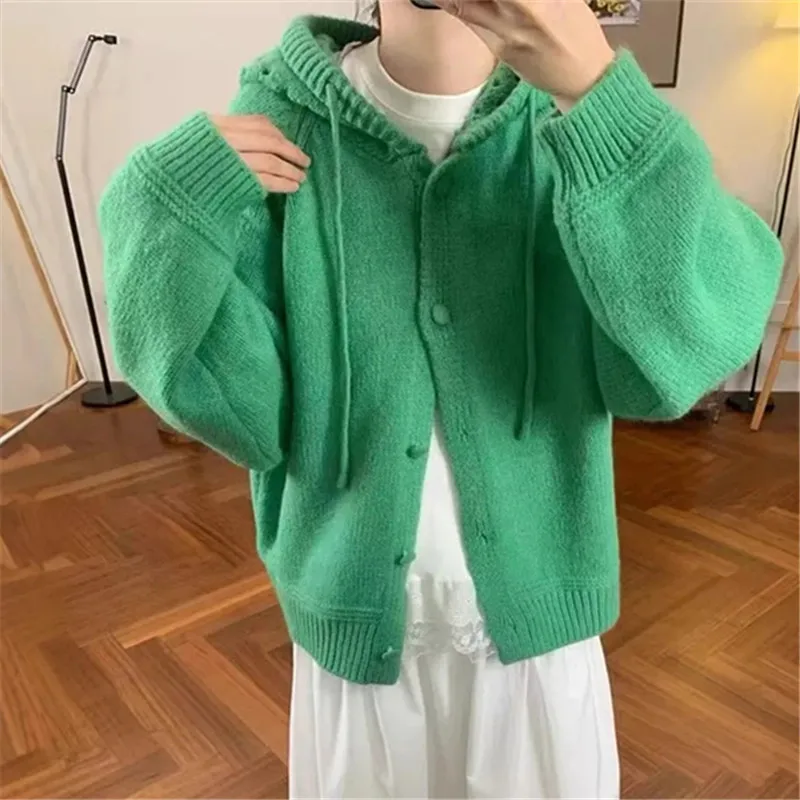 

Solid Color Hooded Knitted Cardigan Women 2026 Autumn Winter New Vintage Casual Knitwear Sweater Tops Female Loose Outwear B1479