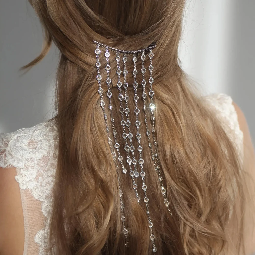 Round Crystal Bridal Tassel Hair Comb Dangling Head Accessories Elegant Hairpin Sparkling Boho Headpiece Chain Wedding for Women