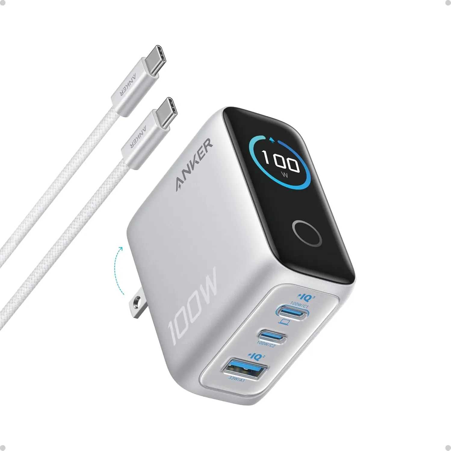 

100W USB C Charger Block, Ultra-Compact 3-Port GaN Fast Wall Adapter with Smart Display and Touch Control for iPhone, iPad, MacBook (Include Cable)