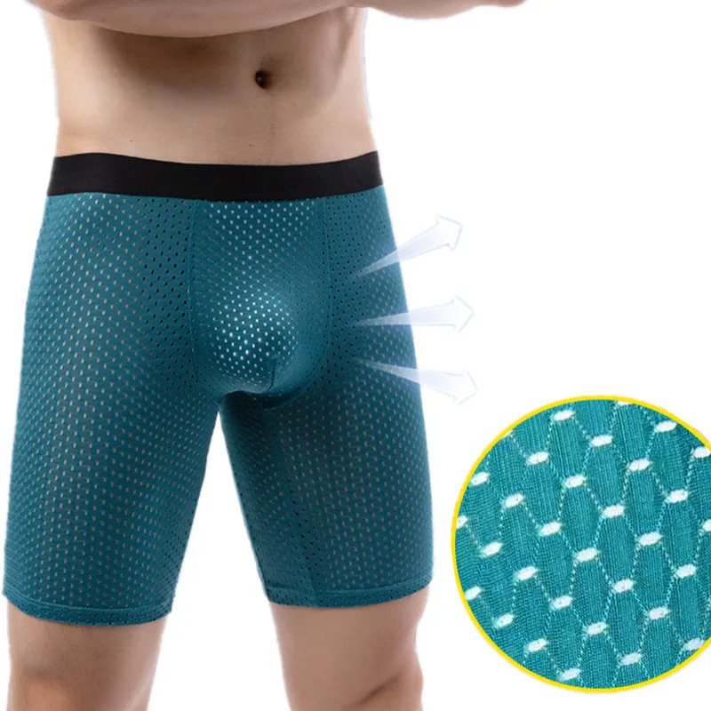 

Mens Underwear Breathable Ice Silk Mesh Boxers Shorts Man Solid U Convex Pouch Long Leg Underpant Male Panties Cueca Calzoncillo