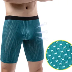 Mens Underwear Breathable Ice Silk Mesh Boxers Shorts Man Solid U Convex Pouch Long Leg Underpant Male Panties Cueca Calzoncillo