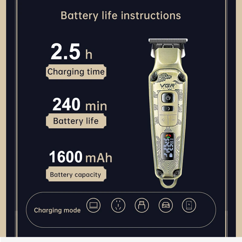 VGR 901 Hair Clipper Rechargeable Portable Professional Adjustable Personal Care Barber Trimmer For Men Salon USB LCD VGR V901