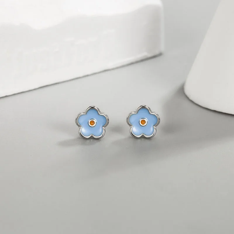 KOFSAC Cute Small Flower Stud For Women Fashion 925 Silver Earrings Jewelry Sweet Blue Pink White Orange Earring