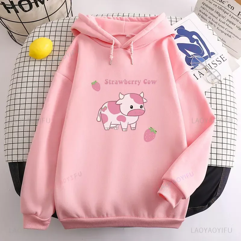 Kawaii Strawberry Cow Women Oversized Hoodie Casual Versatile Girl Long Sleeve Sweatshirts 2023 New Unisex Autumn and WinterTops